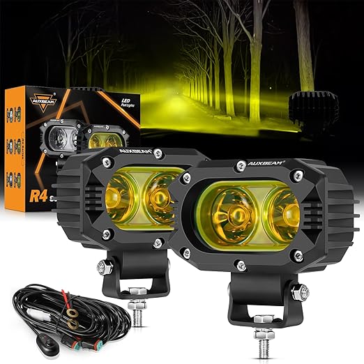 LED Amber Fog Light, 4Inch 60W Led Amber Driving Offroad Lights Super Bright Amber Light Pod with Wiring Harness Kit Yellow Flood Beam Pod Light for Truck SUV ATV UTV Jeep Wrangler Motorcycle